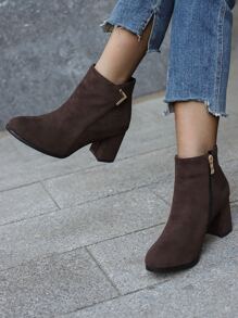 Suedette Metal Decor Point Toe Zipper Side Chunky Heeled Classic Boots - Chocolate Brown - View 3