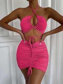 SHEIN Allurite Lace Up Front Drawstring Ruched Front Halter Dress - Hot Pink - View 3
