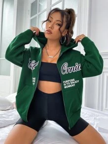 SHEIN Unity Hoodie Đồ họa Khẩu hiệu Dây kéo Thả vai Lót nhiệt - Màu xanh lá cây đậm - Xem 1