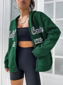 SHEIN Unity Hoodie Đồ họa Khẩu hiệu Dây kéo Thả vai Lót nhiệt - Màu xanh lá cây đậm - Xem 3