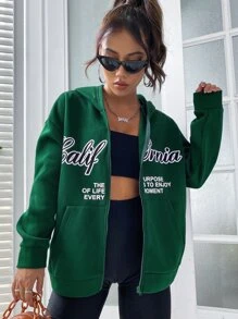 SHEIN Unity Hoodie Đồ họa Khẩu hiệu Dây kéo Thả vai Lót nhiệt - Màu xanh lá cây đậm - Xem 5