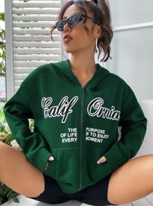 SHEIN Unity Hoodie Đồ họa Khẩu hiệu Dây kéo Thả vai Lót nhiệt - Màu xanh lá cây đậm - Xem 6