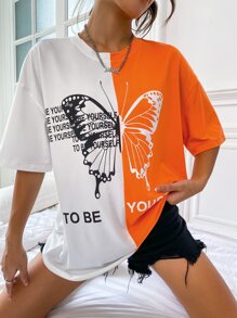 SHEIN Unity Slogan & Butterfly Print Drop Shoulder Tee - Multicolor - View 3