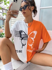 SHEIN Unity Slogan & Butterfly Print Drop Shoulder Tee - Multicolor - View 6
