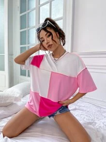 SHEIN MOOSTA 拼色上衣 拼接 超大 T 恤 图案 T 恤 女士上衣 - 彩色 - 查看 4
