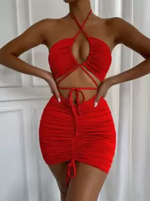 SHEIN Allurite Lace Up Front Drawstring Ruched Front Halter Dress For New Year Clothes - Red - View 3