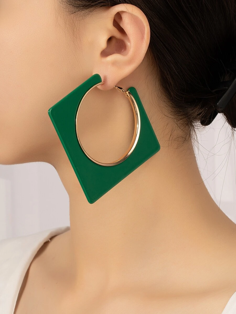 Square Hoop Earrings - Green - View 1