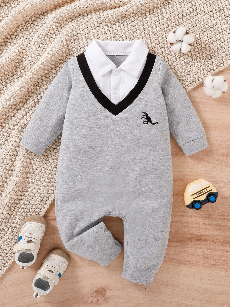 男嬰恐龍刺繡拼接邊二合一運動衫連身衣 - 灰色 - 查看 1