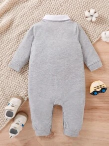 男嬰恐龍刺繡拼接邊二合一運動衫連身衣 - 灰色 - 查看 2