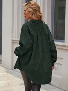 SHEIN LUNE Solid Button Front Pocket Detail Corduroy Coat