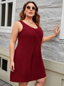 SHEIN VCAY 大碼素色褶邊連衣裙 - 酒紅色 - 查看 3