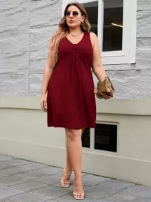 SHEIN VCAY 大碼素色褶邊連衣裙 - 酒紅色 - 查看 5