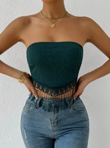 SHEIN Privé Áo nữ Lộ Lưng Tương phản ren mép Buộc lại màu trơn Boho - Màu xanh lá cây đậm - Xem 4