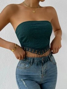 SHEIN Privé Áo nữ Lộ Lưng Tương phản ren mép Buộc lại màu trơn Boho - Màu xanh lá cây đậm - Xem 5