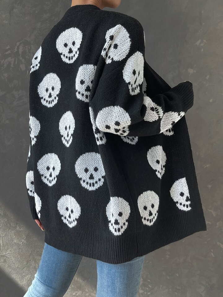 SHEIN EZwear Skull Pattern Drop Shoulder Cardigan | SHEIN