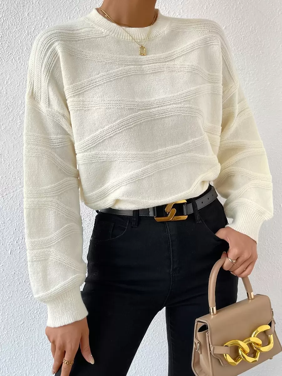 SHEIN LUNE Textured Knit Drop Shoulder Jumper - White - View 1