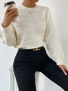 SHEIN LUNE Textured Knit Drop Shoulder Jumper - White - View 4