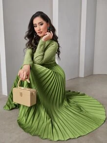 Modelyn Mock Neck Pleated Hem Dress - Lime Green - View 1