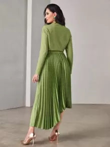 Modelyn Mock Neck Pleated Hem Dress - Lime Green - View 2