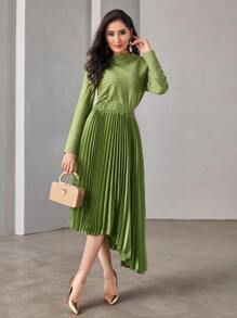 Modelyn Mock Neck Pleated Hem Dress - Lime Green - View 4