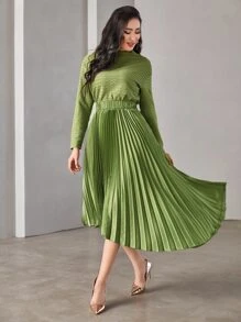 Modelyn Mock Neck Pleated Hem Dress - Lime Green - View 5