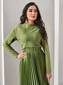 Modelyn Mock Neck Pleated Hem Dress - Lime Green - View 6