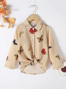 Áo sơ mi bé gái Nút phía trước Hoa Loại bướm Giải trí - Màu be - Xem 1