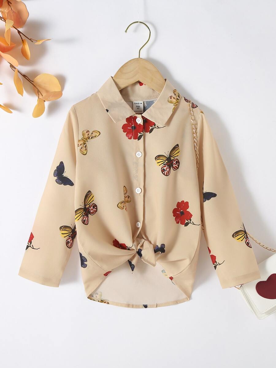 Áo sơ mi bé gái Nút phía trước Hoa Loại bướm Giải trí - Màu be - Xem 1