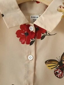 Áo sơ mi bé gái Nút phía trước Hoa Loại bướm Giải trí - Màu be - Xem 6