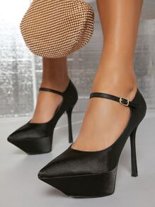 緞面包頭防水台細高跟鞋 - 黑色 - 查看 1