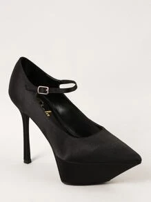 緞面包頭防水台細高跟鞋 - 黑色 - 查看 2