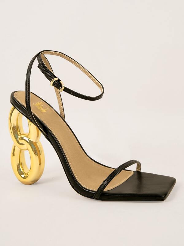 Women Thin Strap Sculptural Heeled Sandals, Elegant Black Ankle Strap