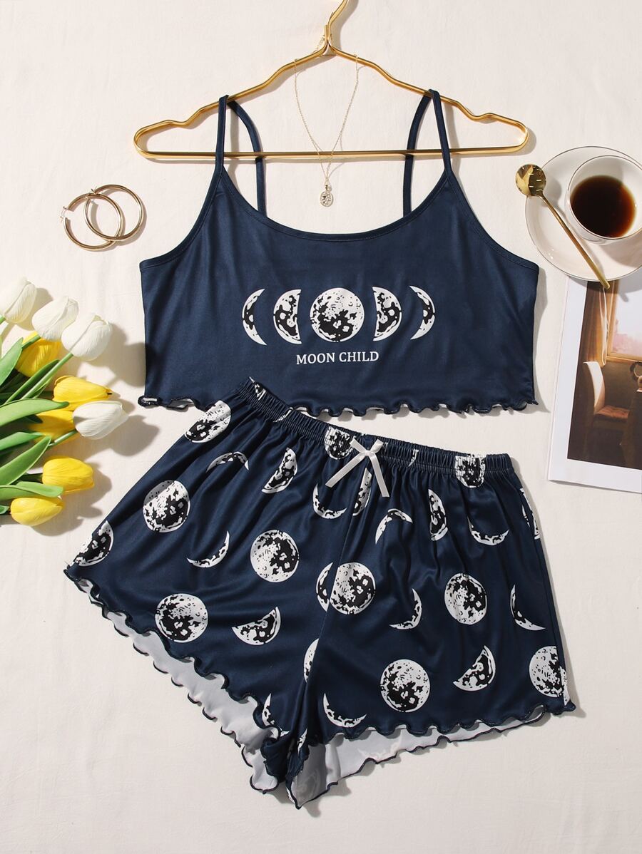 Moon Print Lettuce Trim Pajama Set Short Sets For WomenTwo Pieces Set Women Summergirls Sets Summer - Navy Blue - View 1