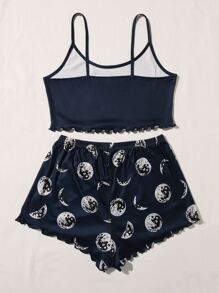 Bộ đồ ngủ họa tiết mặt trăng viền rau diếp Bộ đồ ngủ ngắn cho nữ Bộ đồ hai mảnh cho nữ Bộ đồ mùa hè cho bé gái - Màu xanh hải quân - Xem 2