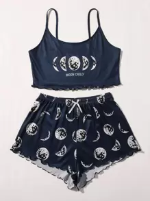Bộ đồ ngủ họa tiết mặt trăng viền rau diếp Bộ đồ ngủ ngắn cho nữ Bộ đồ hai mảnh cho nữ Bộ đồ mùa hè cho bé gái - Màu xanh hải quân - Xem 3