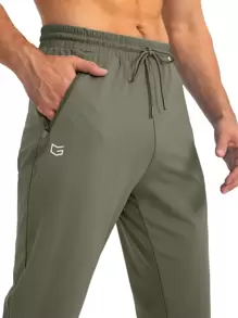 G Gradual Men Graphic Print Drawstring Waist Zipper Pocket Sports Trousers - Army Green - View 4