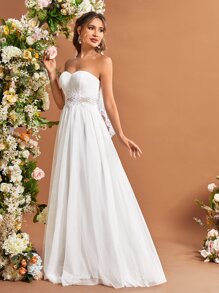 UNITHORSE 拼接水溶蕾絲網紗抹胸婚紗連衣裙不附面紗