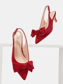 CUCCOO CHICEST Woman Shoes Bow Decor Point Toe Elegant Red Slingback Pumps For Summer Vacation Shoes Summer Elegant Heels Back To School Shoes College Student Shoes Halloween Christmas Fall