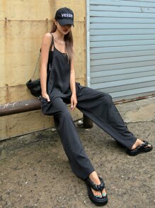 DAZY Solid Dual Pocket Cami Jumpsuit - Black - View 3