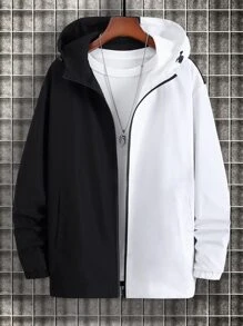 Manfinity Hombres Abrigo con capucha de dos tonos de hombros caídos con cordón cremallera sin camiseta - Blanco y Negro - Ver 1
