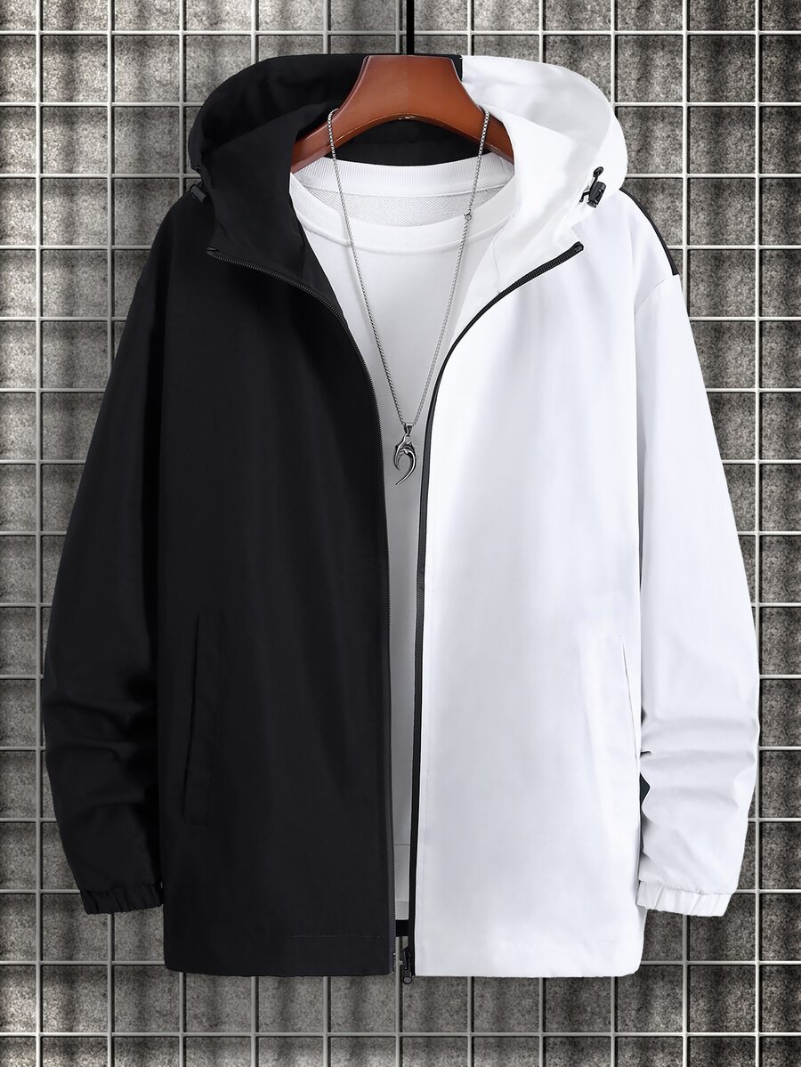 Manfinity Hombres Abrigo con capucha de dos tonos de hombros caídos con cordón cremallera sin camiseta - Blanco y Negro - Ver 1