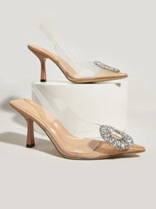 Women Rhinestone Decor Clear Point Toe Stiletto Heeled Slingback Pumps - Clear - View 1