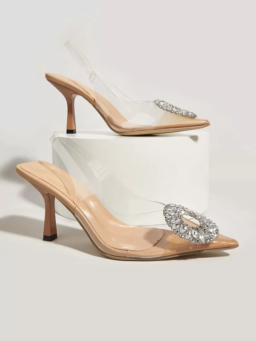 Women Rhinestone Decor Clear Point Toe Stiletto Heeled Slingback Pumps - Clear - View 1