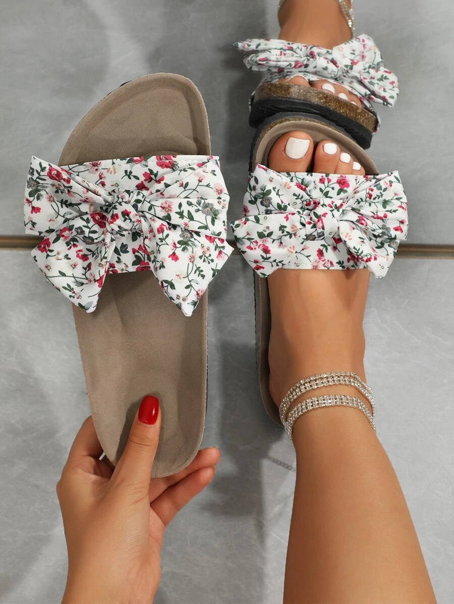 Ditsy Floral Print Bow Decor Footbed Sandals - Multicolor - View 1