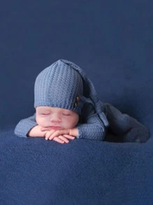 SHEIN Newborn Baby Boy Waffle Knit Jumpsuit & Hat Photography Prop - Dusty Blue - View 1