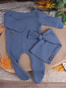SHEIN Newborn Baby Boy Waffle Knit Jumpsuit & Hat Photography Prop - Dusty Blue - View 2