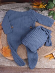 SHEIN Newborn Baby Boy Waffle Knit Jumpsuit & Hat Photography Prop - Dusty Blue - View 3
