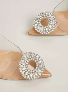 Women Rhinestone Decor Clear Point Toe Stiletto Heeled Slingback Pumps - Clear - View 5