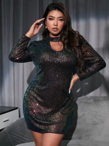 Mulvari Đầm Plus Size Cắt ra màu trơn Hấp dẫn - màu đen - Xem 4