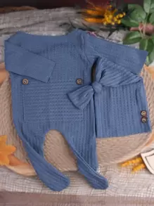 SHEIN Newborn Baby Boy Waffle Knit Jumpsuit & Hat Photography Prop - Dusty Blue - View 5